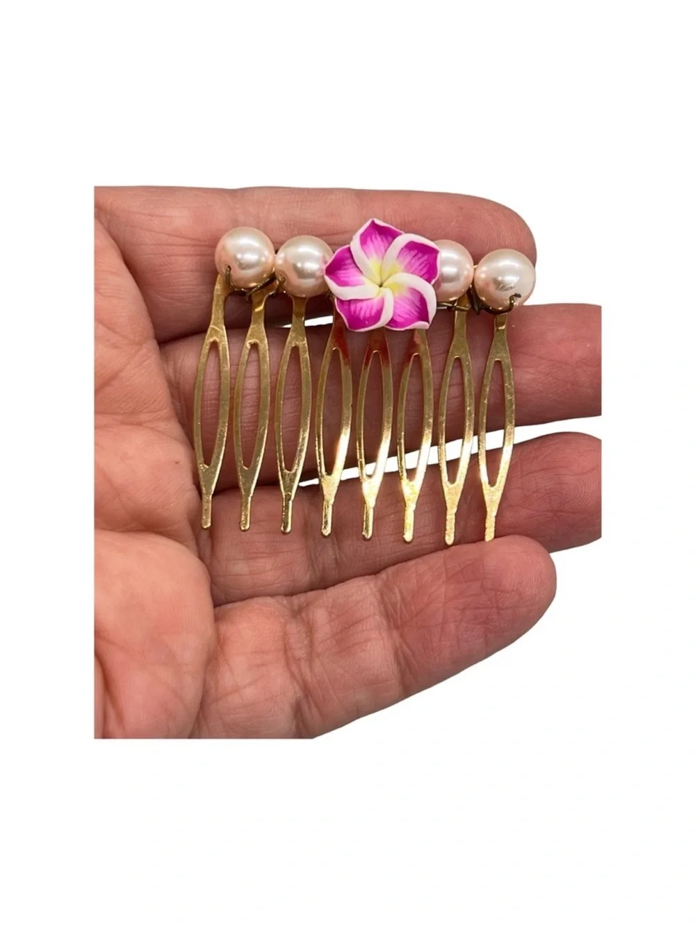 Gold Hair Comb with Pink Flower and Pearl Accents FINAL PRICE DROP